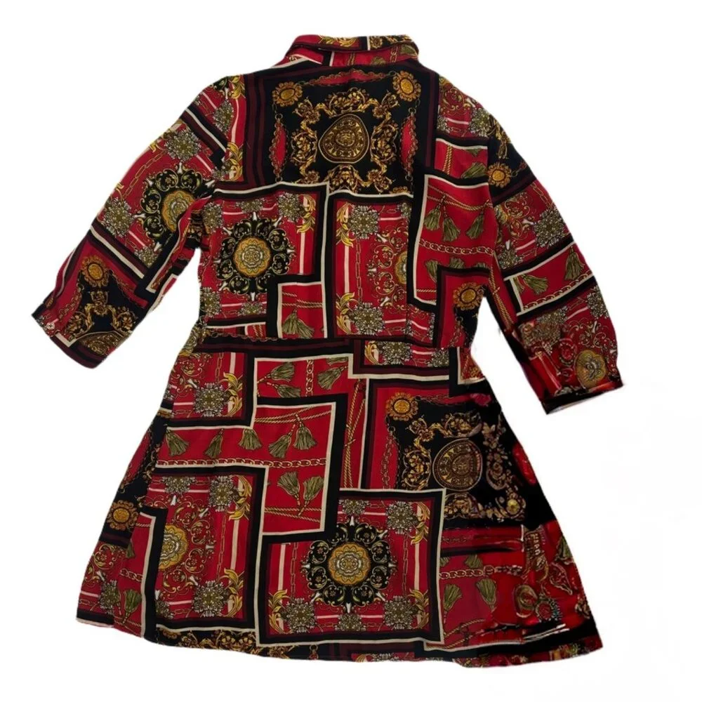 ⚜️ Bepop Red Baroque Chain Print Shirt Dress Retro Scarf Print M ⚜️ - Picture 5 of 6